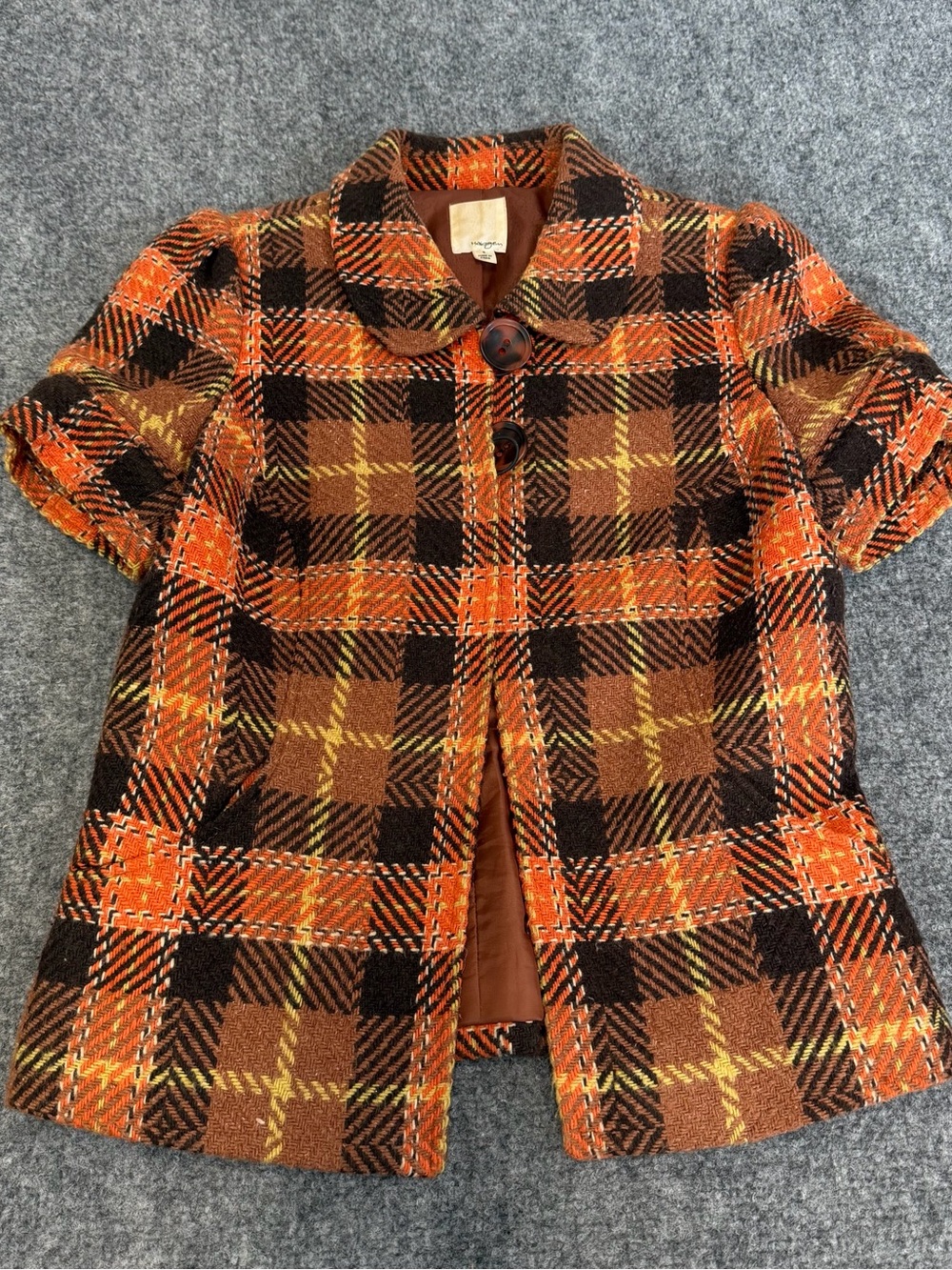 Halogen Orange & Brown Plaid Short Sleeve Pea Coat